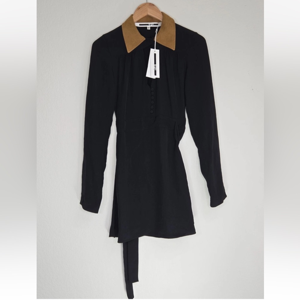 McQ Alexander McQueen Tie Black Mini Dress With Contrast Collar Size IT38 NEW